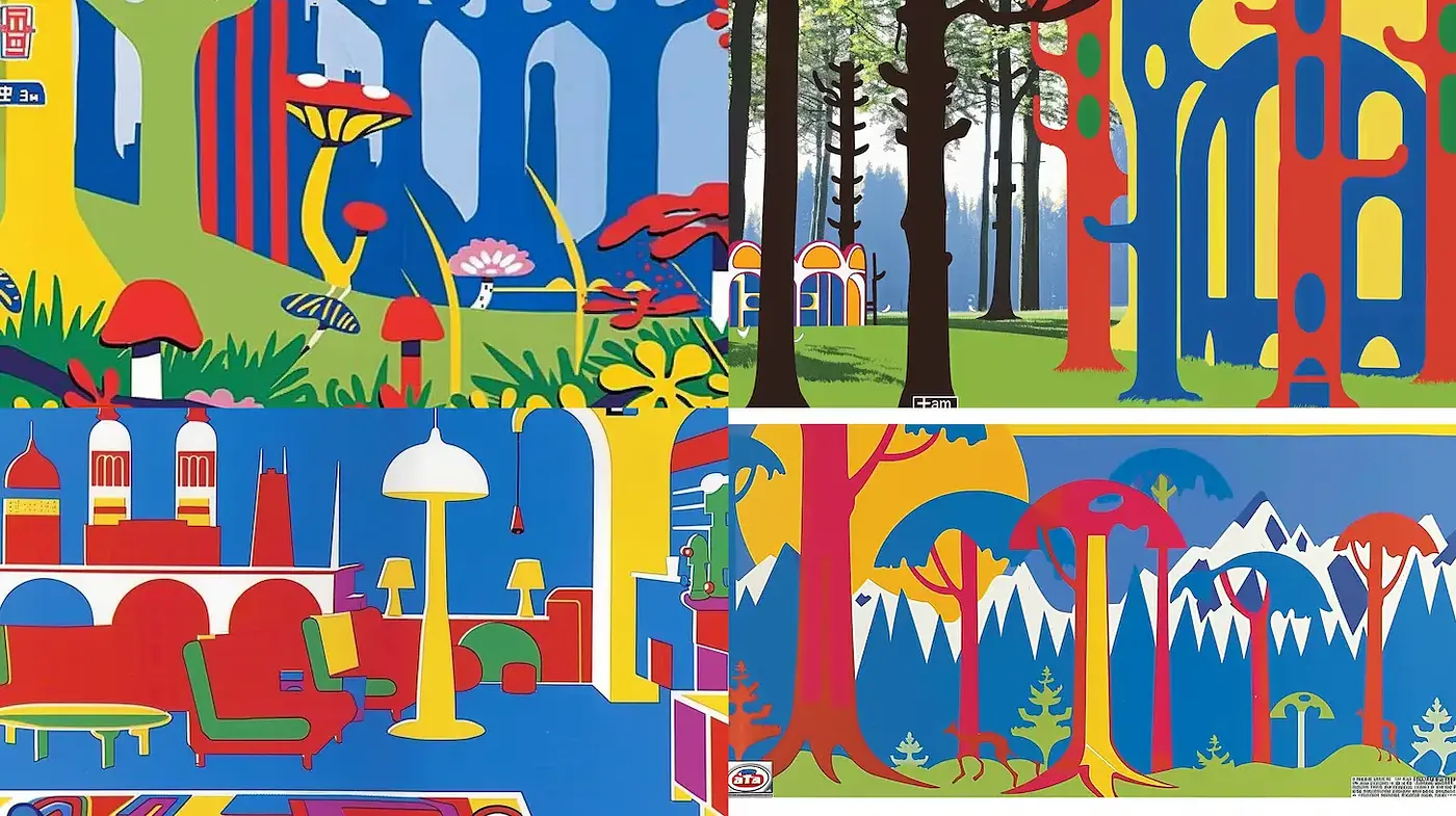Vibrant, stylized landscapes with playful elements and bold colors - Midjourney sref style