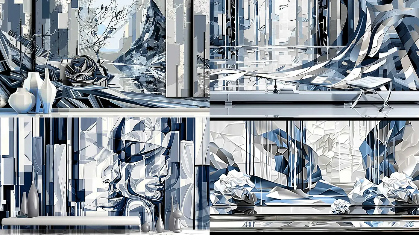Futuristic Geometric Harmony in Monochrome Blues - Midjourney sref style