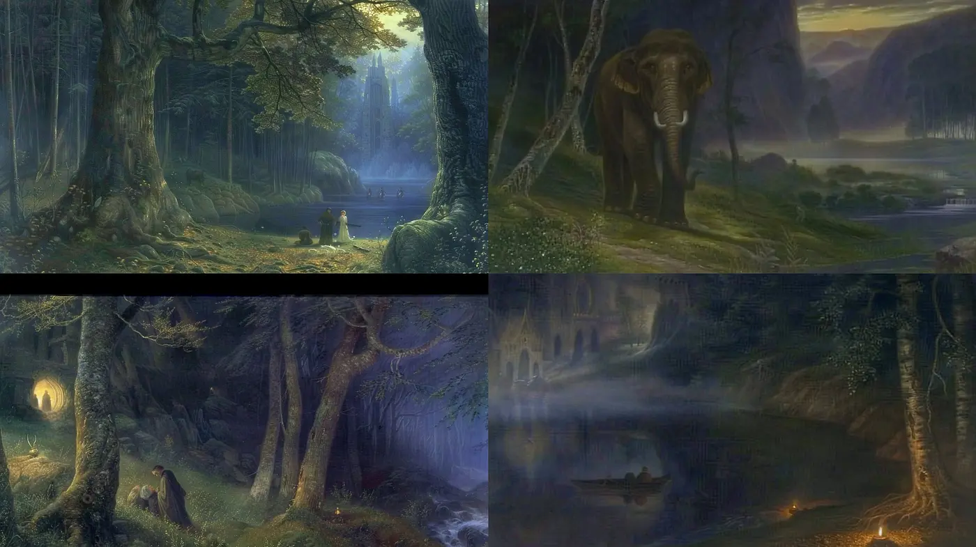 Enigmatic Twilight Evocations: A Synthesis of Mystical Forest Scenes - Midjourney sref style