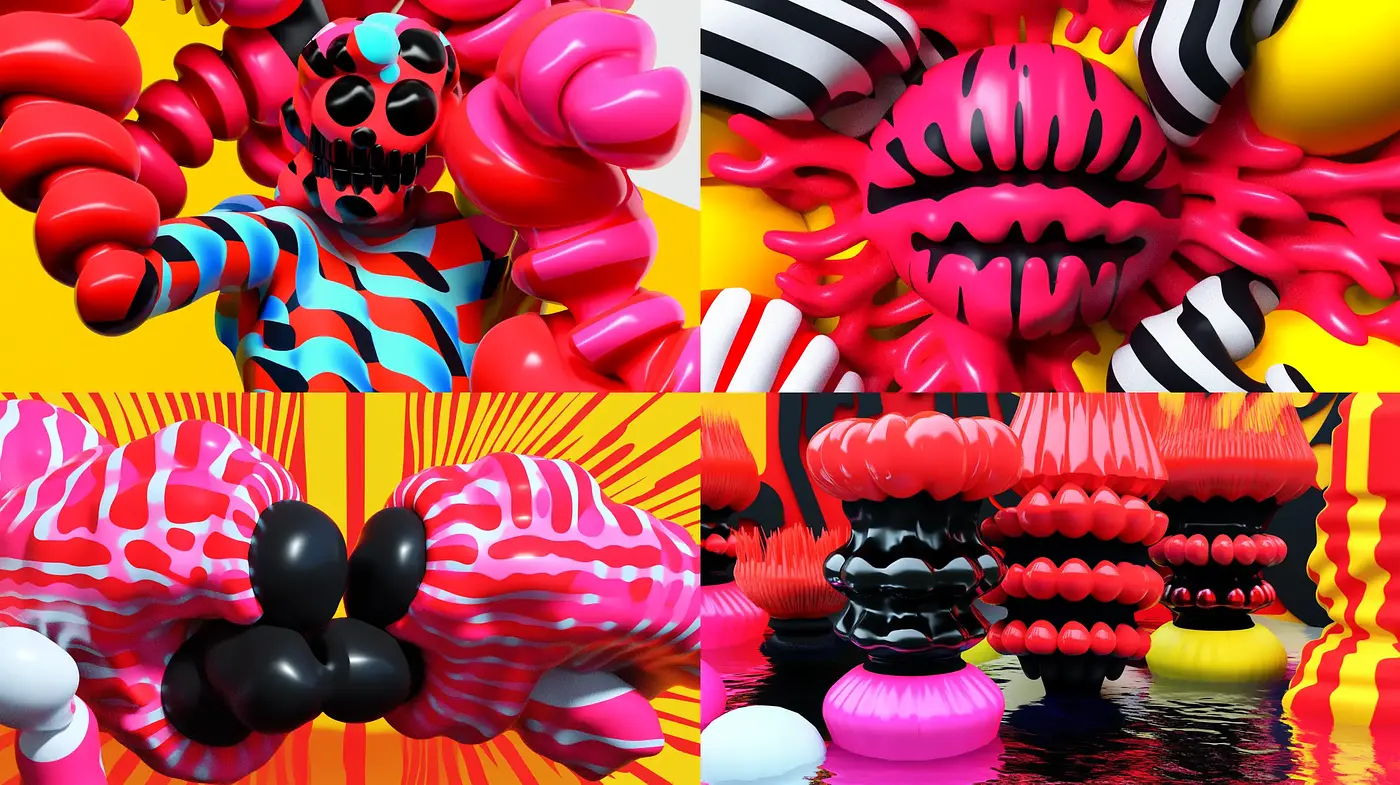 Surrealistic Pop Extravaganza in Bold Contrasts - Midjourney sref style