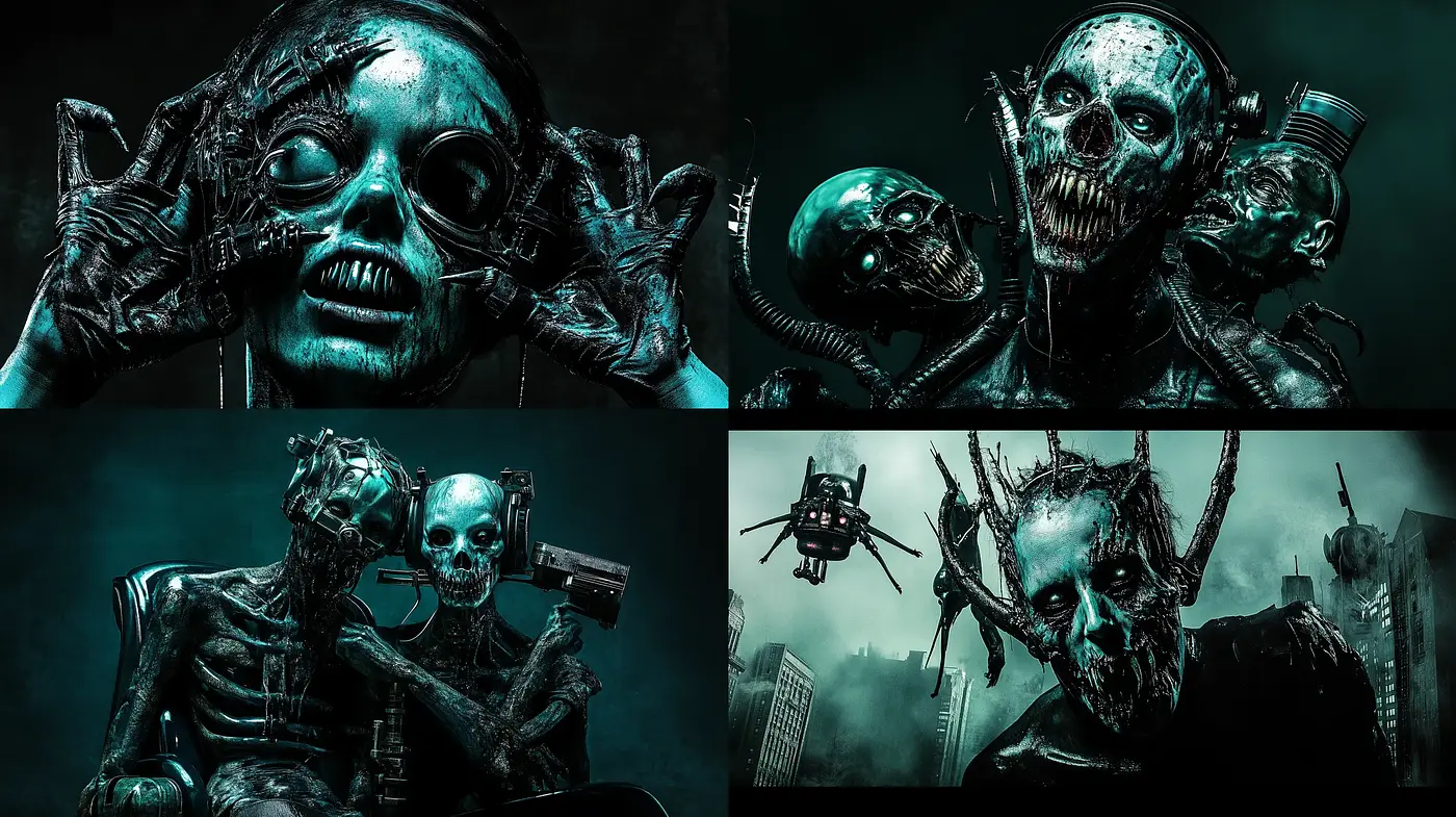 Eerie Cybernetic Requiem: A Dance with Post-Apocalyptic Macabre - Midjourney sref style