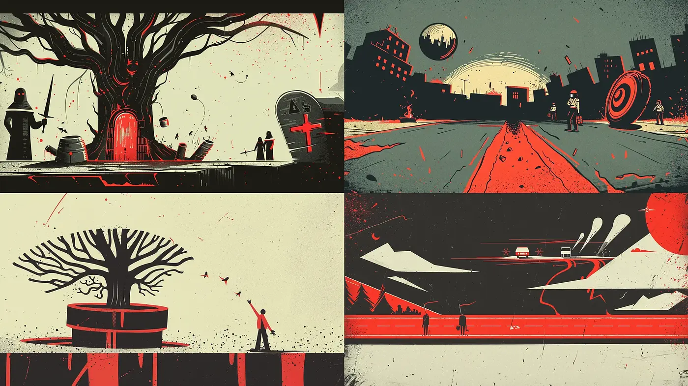 Stylized Noir Graphic Elegance with a Rustic Palette - Midjourney sref style