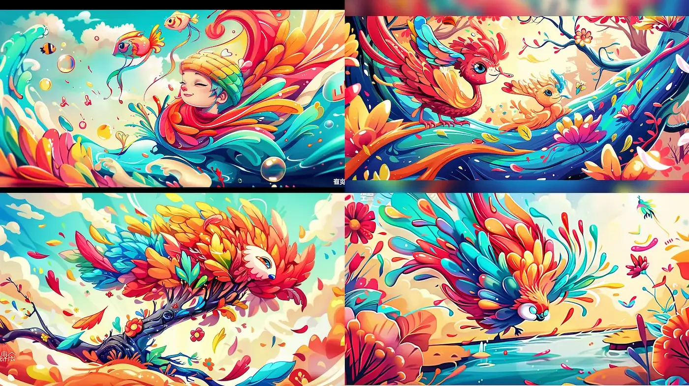 Vibrant and Whimsical Artistic Expression with Fluid Dynamics - Midjourney sref style