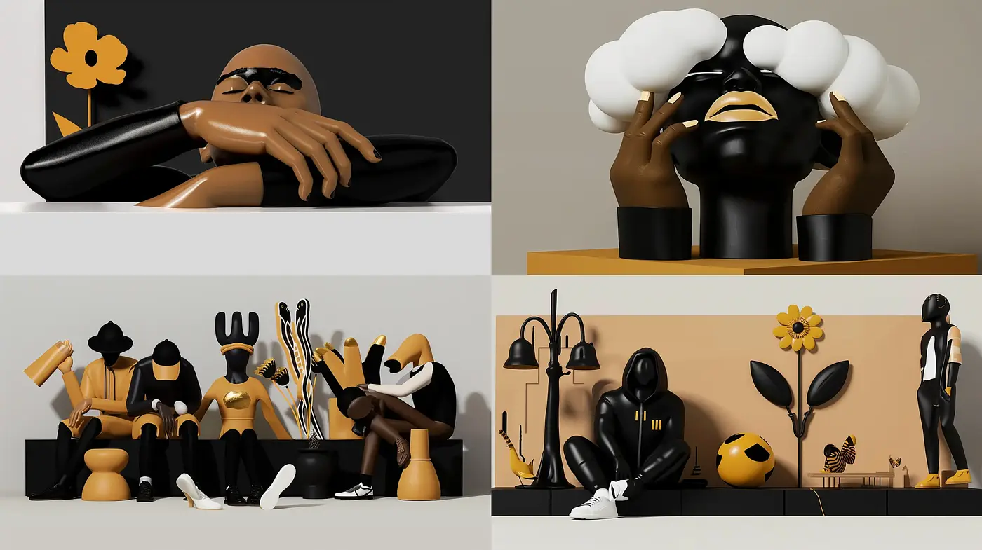 Sleek and Modern Monochromatic Figures with Surrealistic Touch - Midjourney sref style