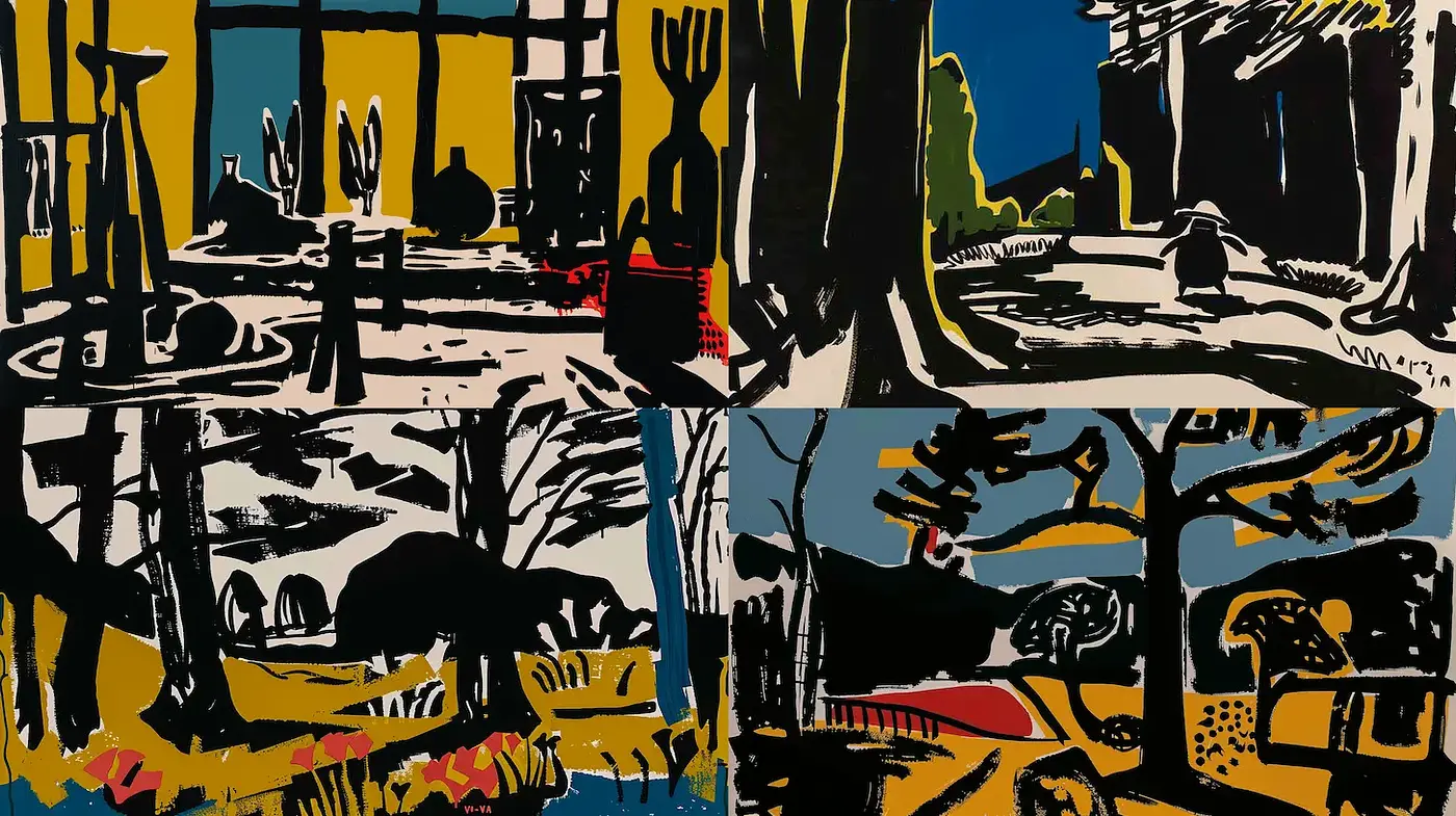Bold, Graphic, and Abstract Landscape Style with Strong Colors and Textures - Midjourney sref style