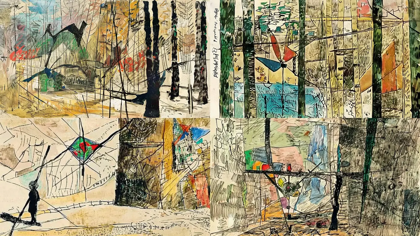 Abstract Expressionist Sketches with a Collage of Ethereal Colors - Midjourney sref style