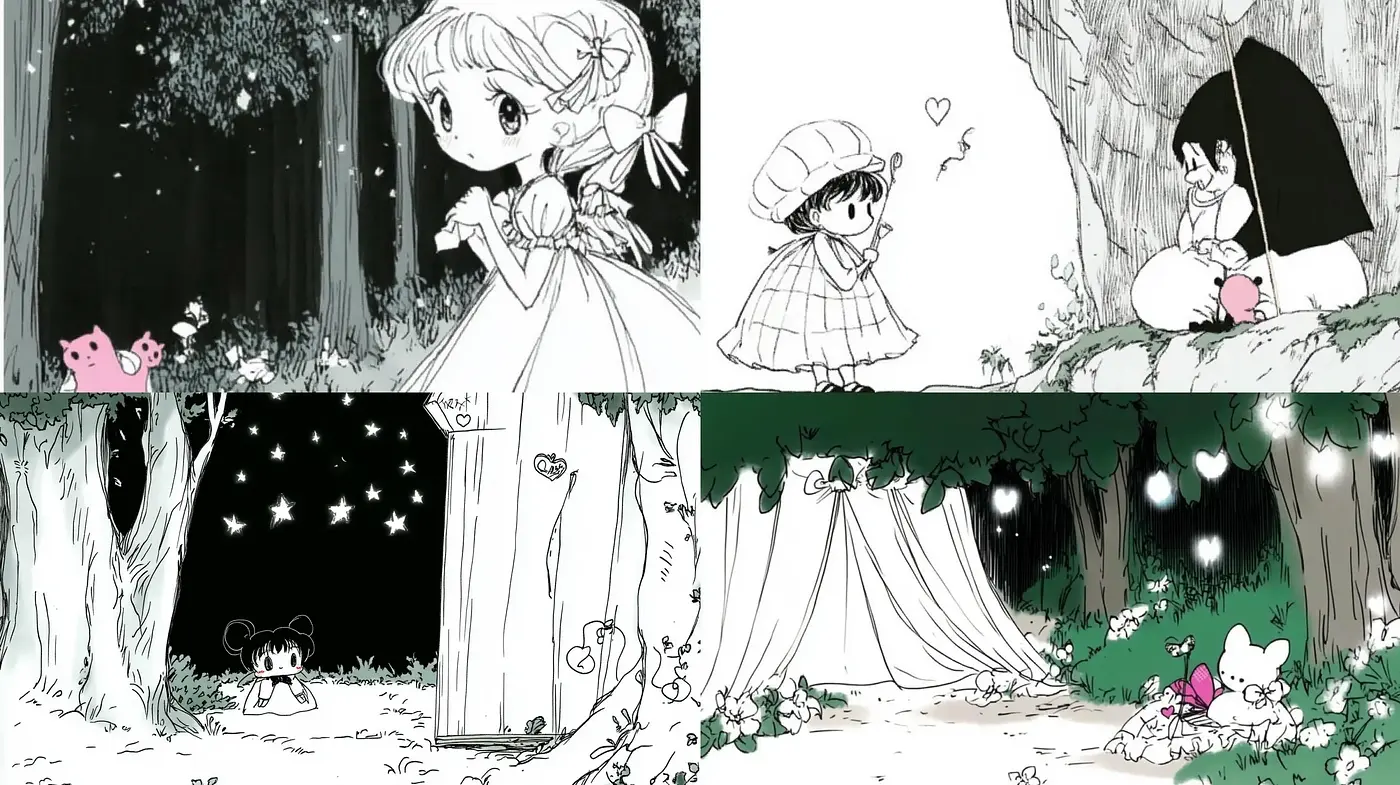 Monochrome Magic: A Whimsical Blend of Manga-Like Innocence and Enchanted Contrasts - Midjourney sref style