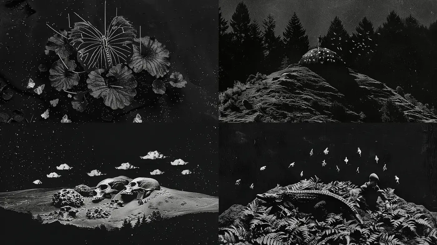 Surreal Monochromatic Landscape with Organic Elements - Midjourney sref style