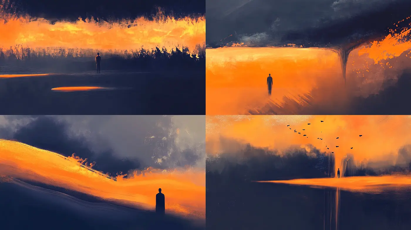 Ethereal Twilight Hues: A Study in Orange and Black - Midjourney sref style