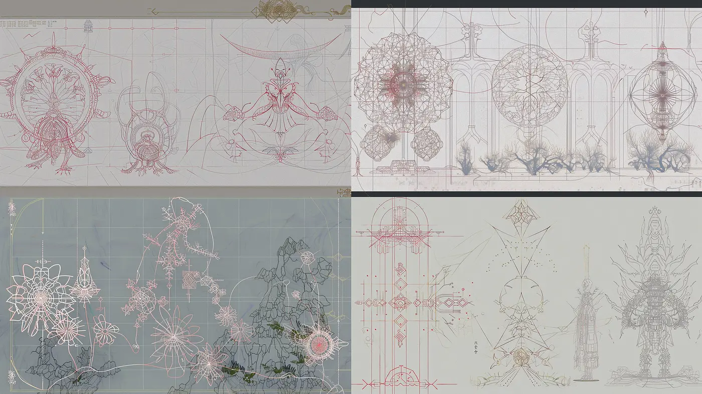 Symmetry and Intricacy: Geometric and Architectural Fusion in Ethereal Sketches - Midjourney sref style