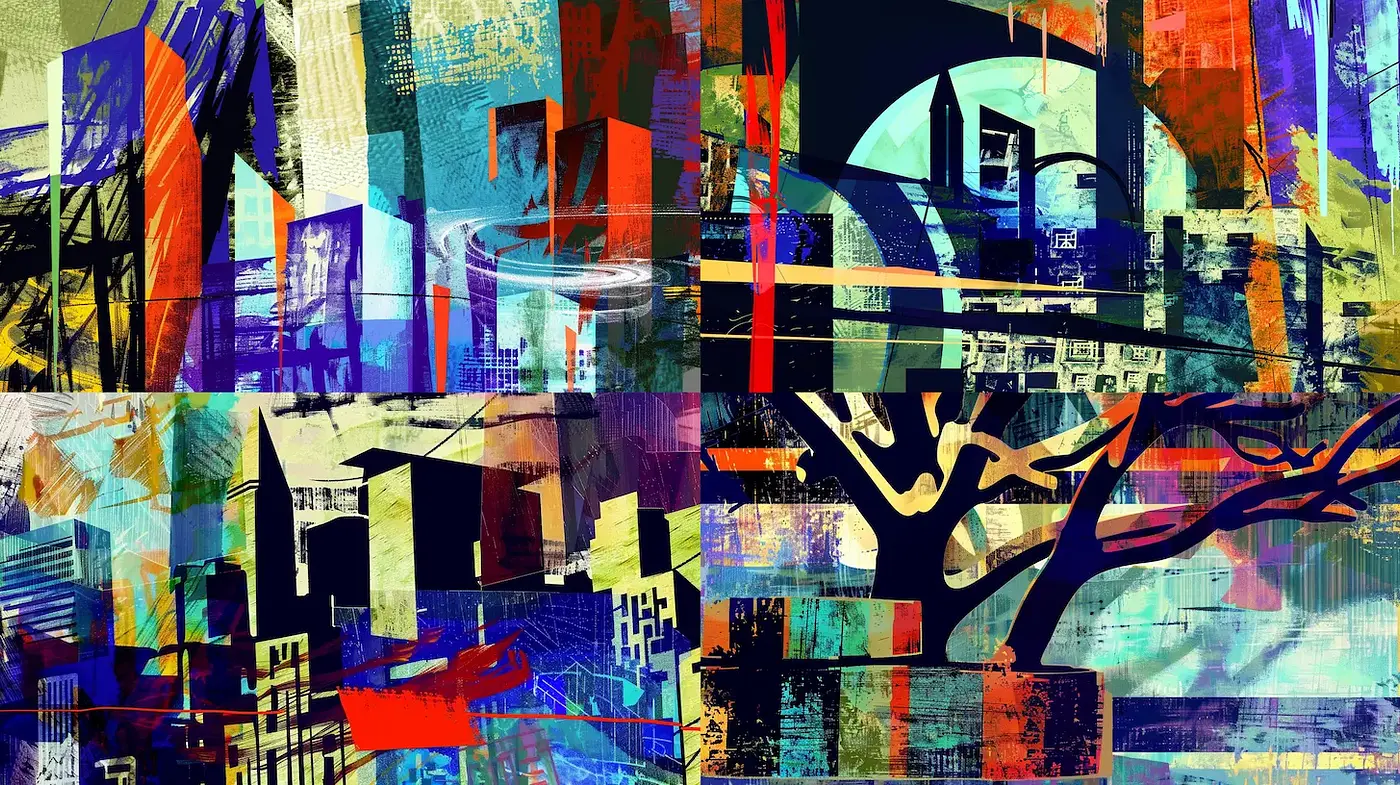 Dynamic Urban Abstract with Bold Colors and Geometric Patterning - Midjourney sref style