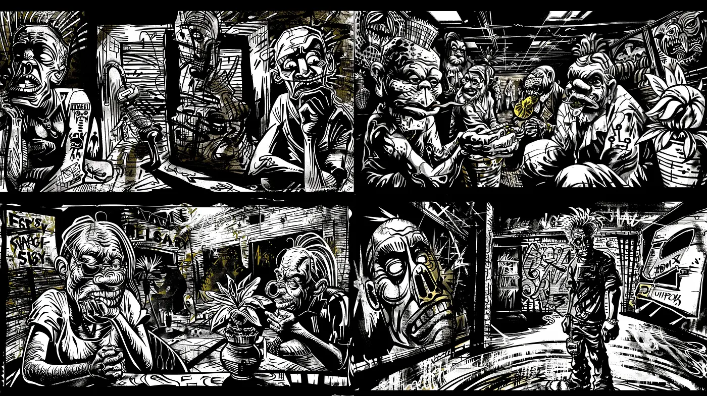 Gritty Monochromatic Narratives: A Fusion of Ink Sketching and Graphic Novel Aesthetics - Midjourney sref style