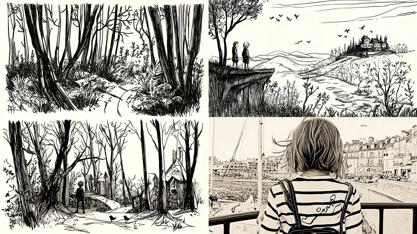 Monochromatic Ink Illustration Essence - Midjourney sref style