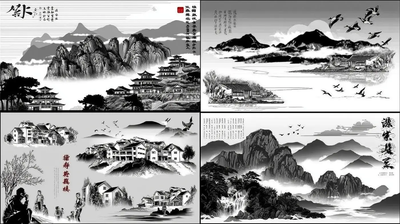 Monochrome landscapes with traditional Asian influences and harmonious compositions - Midjourney sref style