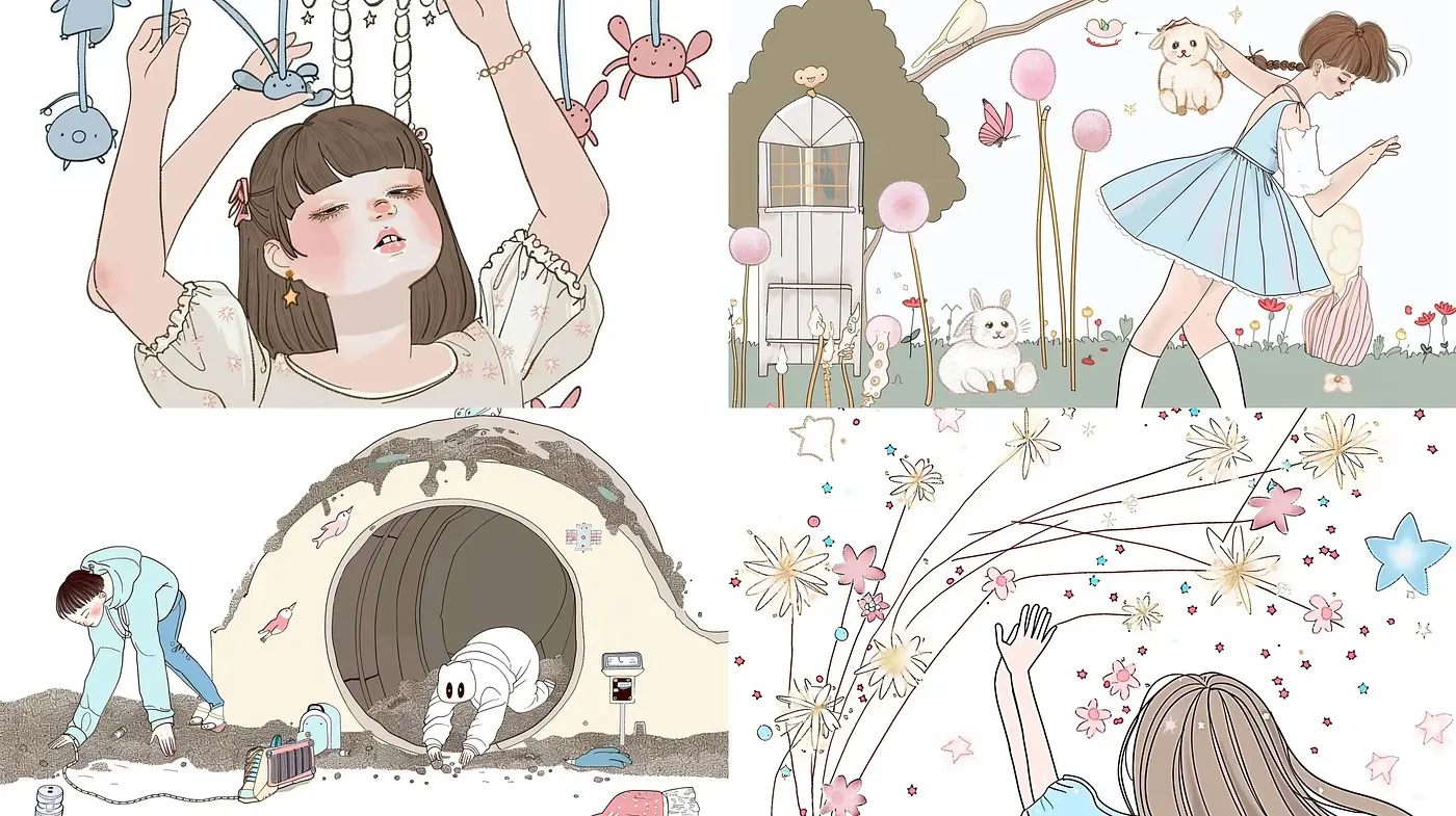 Whimsical Daydreams: A Fusion of Soft Pastels and Gentle Lines in Illustration Art - Midjourney sref style