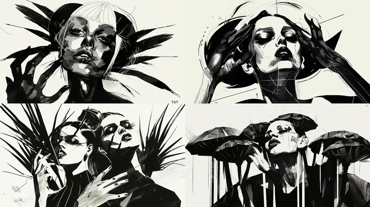 Moody and avant-garde monochrome expressions with strong contrasts - Midjourney sref style