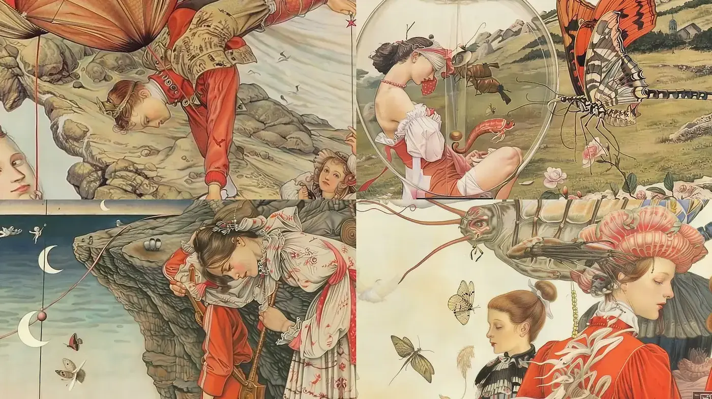 Ethereal Dreamscapes with Surreal Elegance and a Touch of Rococo - Midjourney sref style