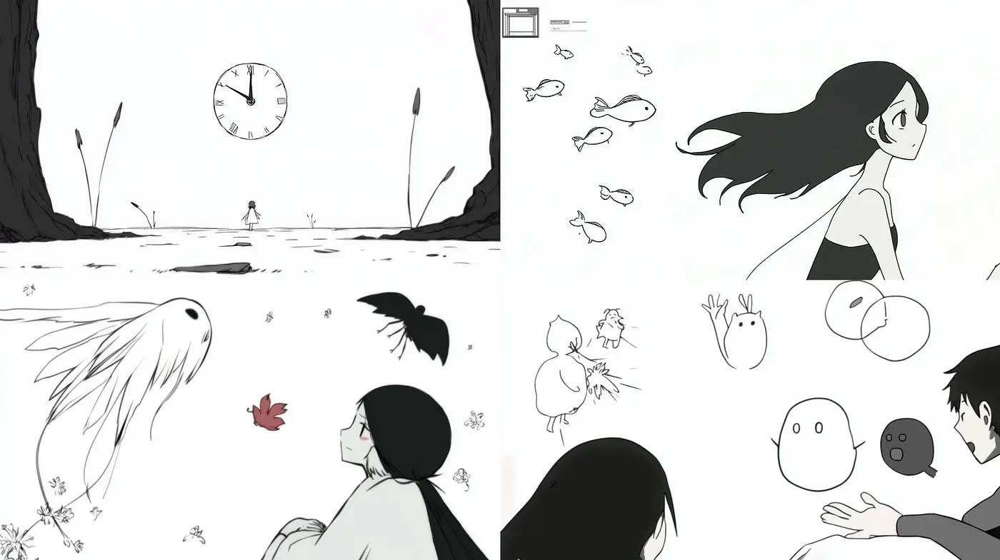 Whimsical Monochrome Dreamscape: A Style of Simplistic Fantasy and Innocence - Midjourney sref style