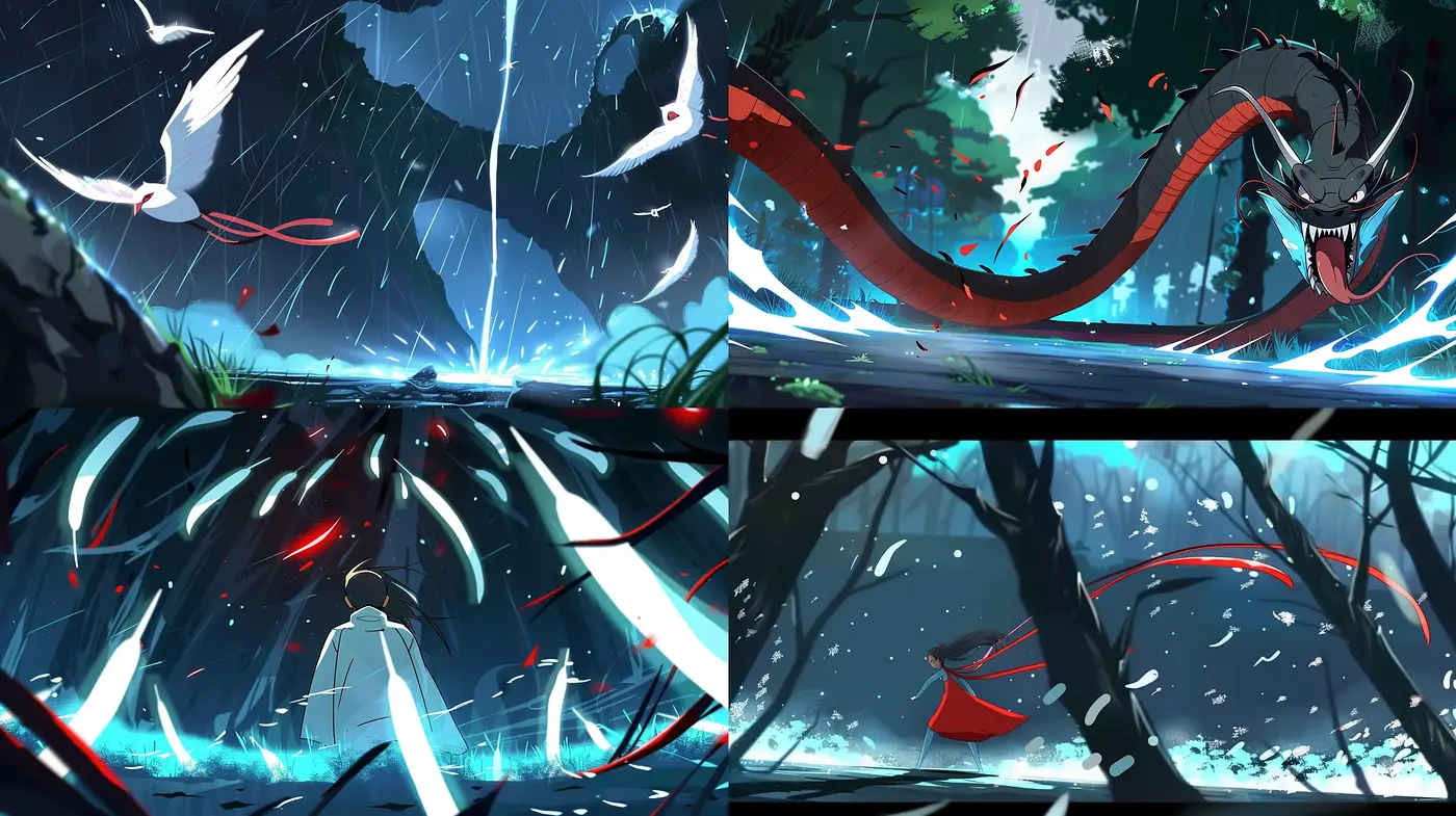 Dynamic Elemental Encounter: A Vivid Anime-Inspired Digital Art Symphony - Midjourney sref style