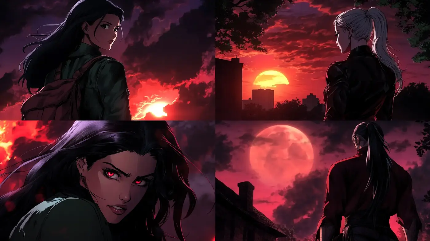 Twilight Silhouettes and Crimson Skies: A Surreal Homage to Anime Storytelling - Midjourney sref style