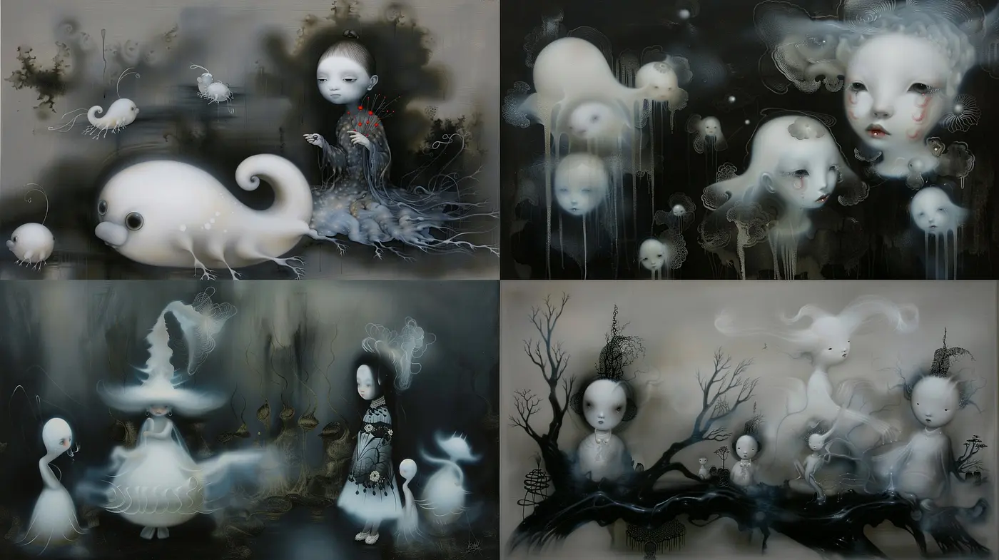 Ethereal Dreamscapes: A Study in Surrealist Whimsy and Monochrome Mystique - Midjourney sref style