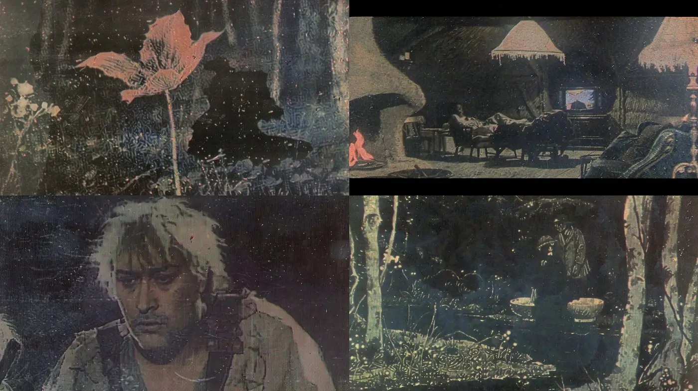 Eerie Nocturnal Hues: A Blend of Mystery and Nostalgia in a Distressed Tapestry - Midjourney sref style