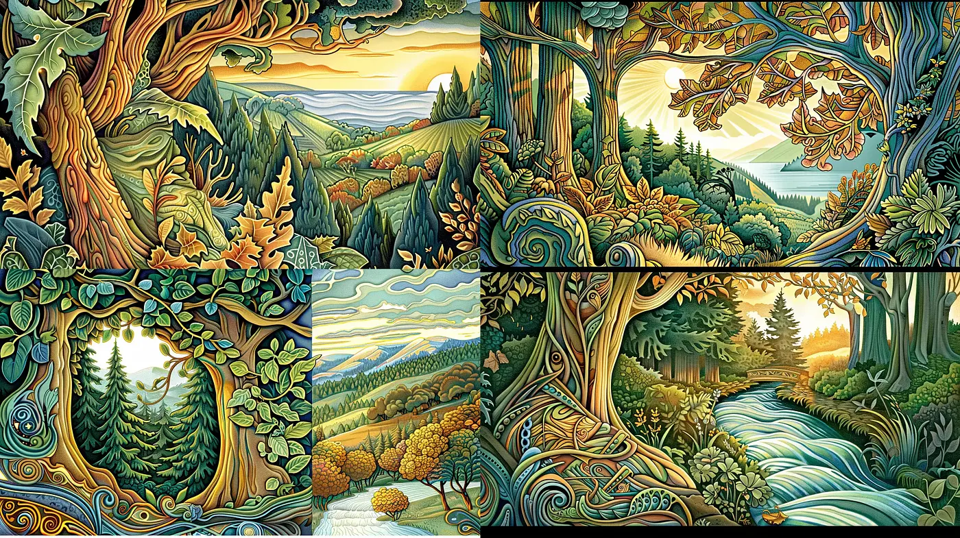 Enchanted Forests of Whimsical Curvature: A Consistent Fusion of Nature and Fantasy - Midjourney sref style