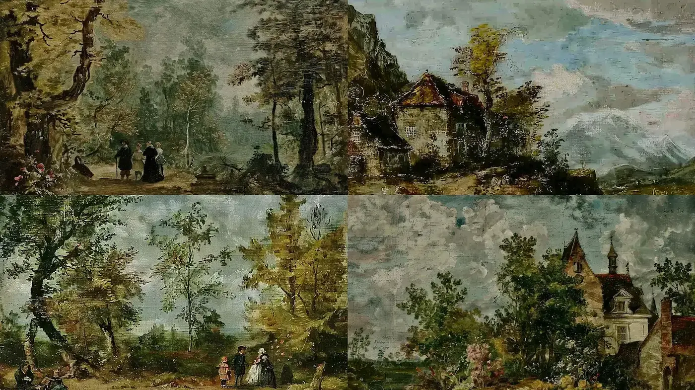 Evocative serene landscapes blending timeless charm with painterly techniques - Midjourney sref style