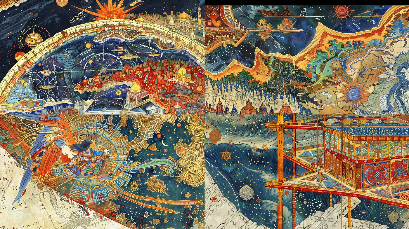 Cosmic Tapestry: A Mélange of Mythological Vibrancy and Astral Mystique - Midjourney sref style
