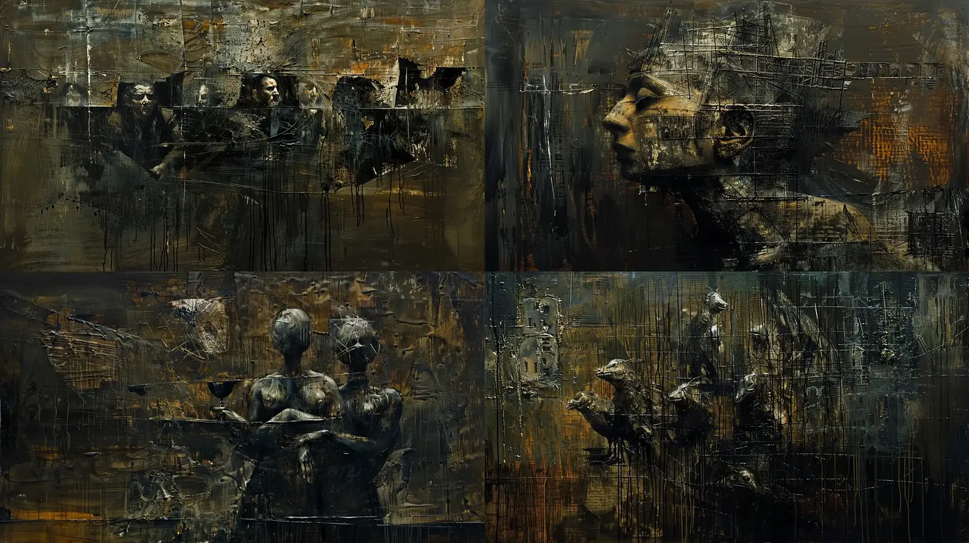 Sombre Reflections in Textured Shadows - Midjourney sref style
