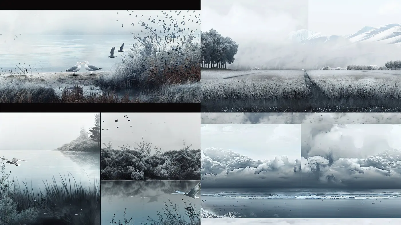 Serene Monochromatic Vistas: An Homage to Tranquil Hues and Textured Realism - Midjourney sref style