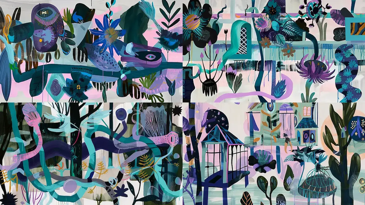 Whimsical and Playful Illustration with Vibrant Colors and Organic Forms - Midjourney sref style