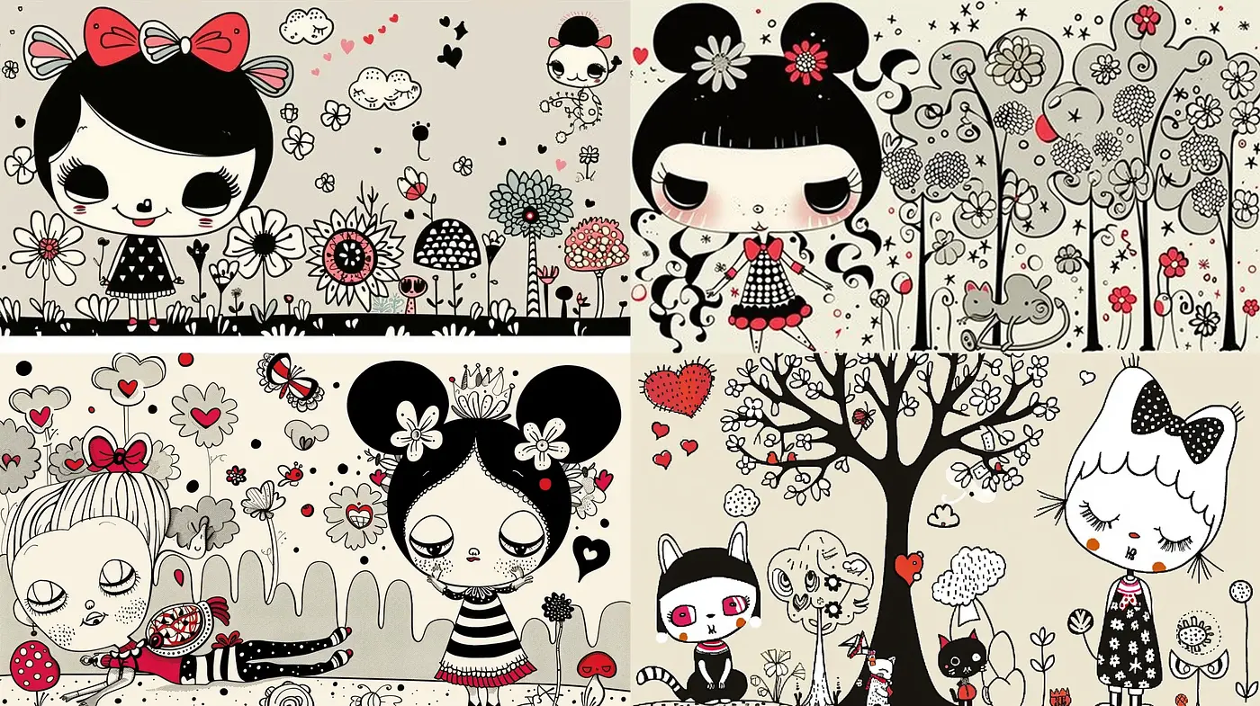 Enchanting Whimsical Character Illustrations with Monochrome and Red Accents - Midjourney sref style