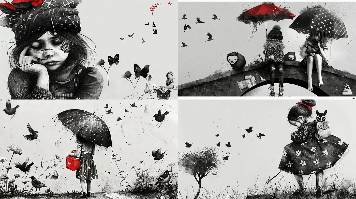 Melancholic Monochrome: A Symphony of Grayscale and Red Accents - Midjourney sref style