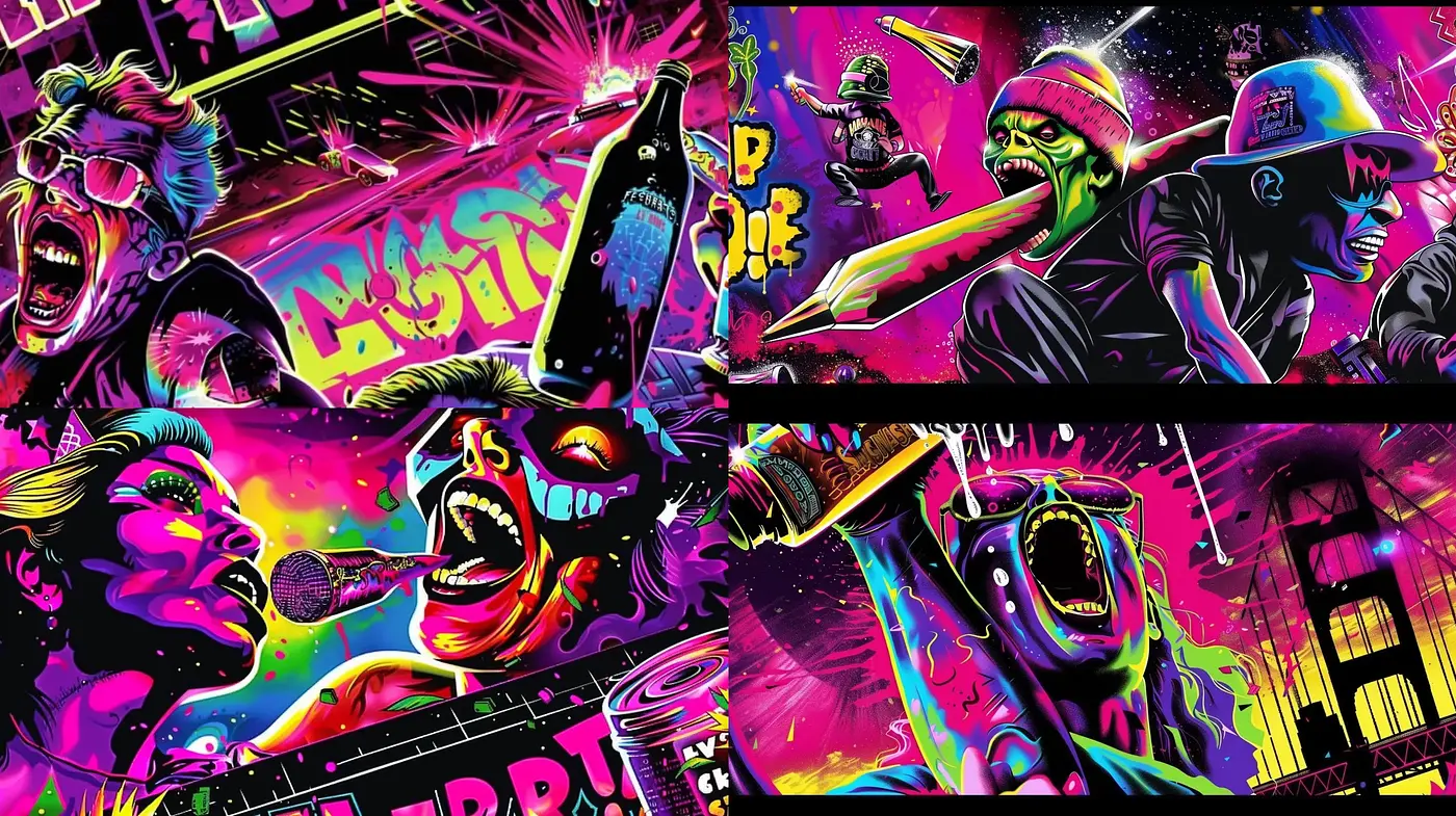 Neon Dystopia: A Vibrant Synthesis of Cyberpunk and Street Art Elements - Midjourney sref style