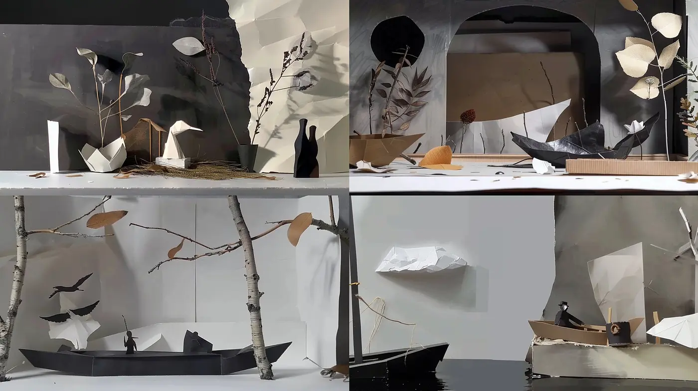 Monochromatic Serenity in Geometric Paper-Craft Tableaux - Midjourney sref style