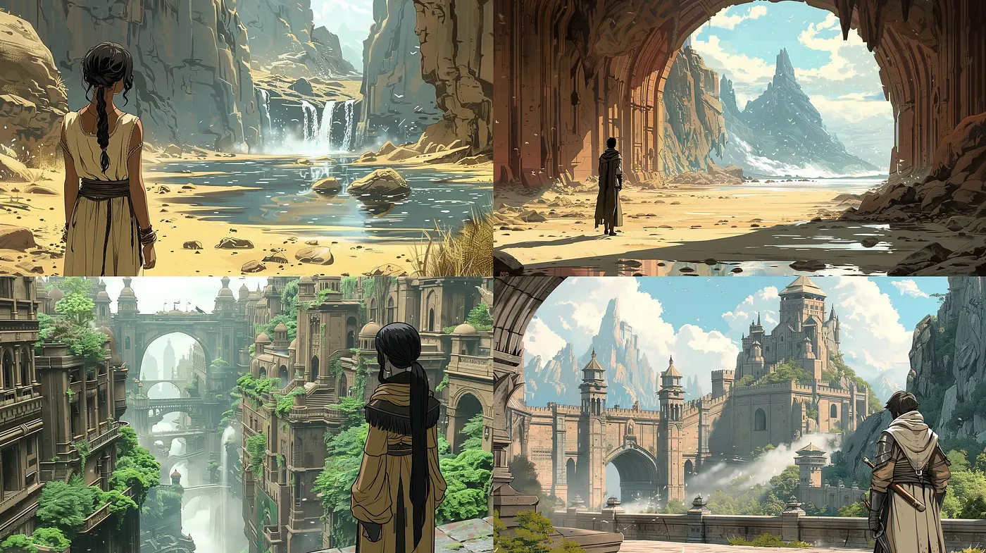 Epic Landscapes and Solitary Figures: A Majestic Melding of Artistic Inspirations - Midjourney sref style