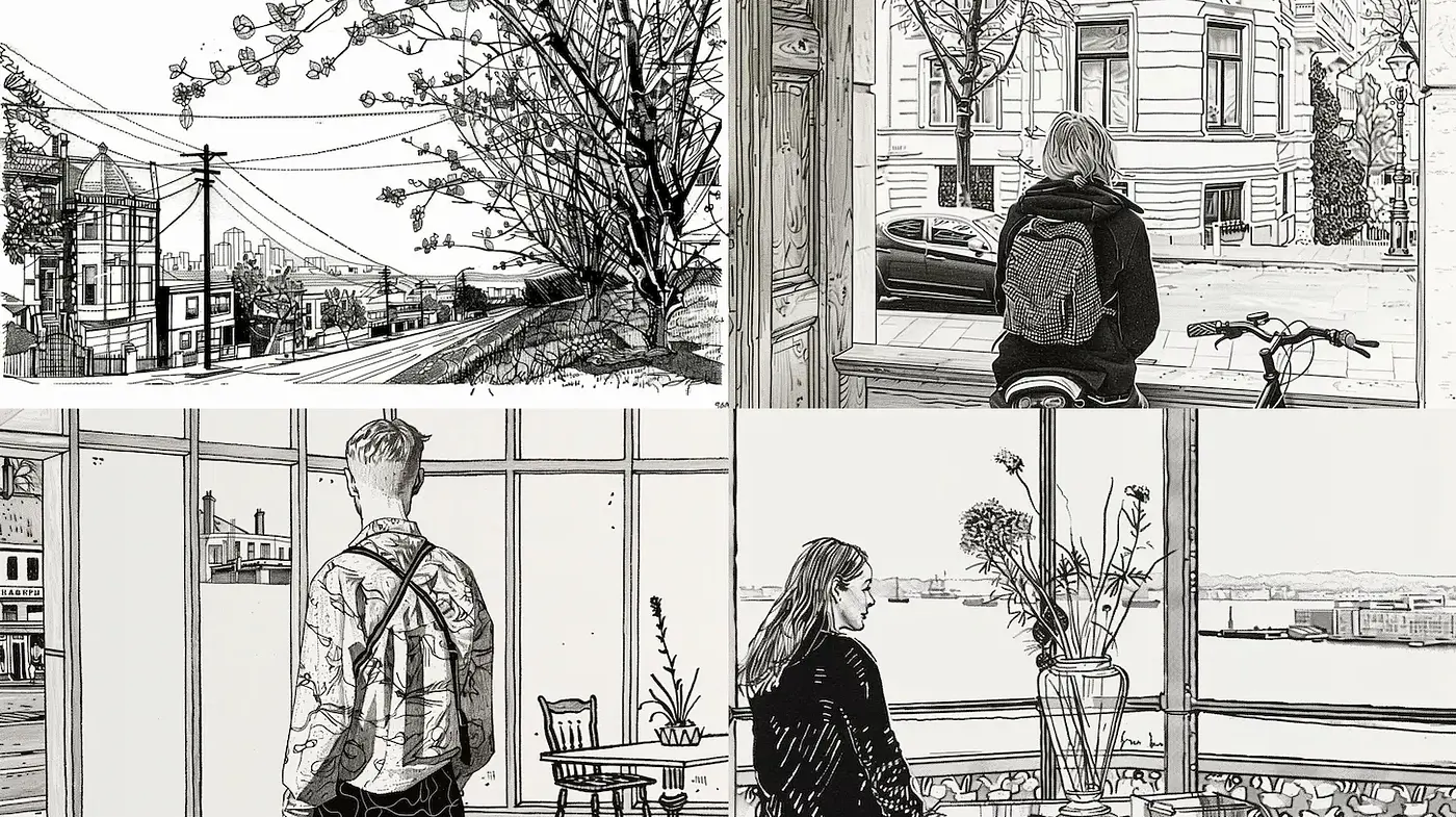 Contrasting Urban Solitude in Monochrome with a Touch of Softness - Midjourney sref style