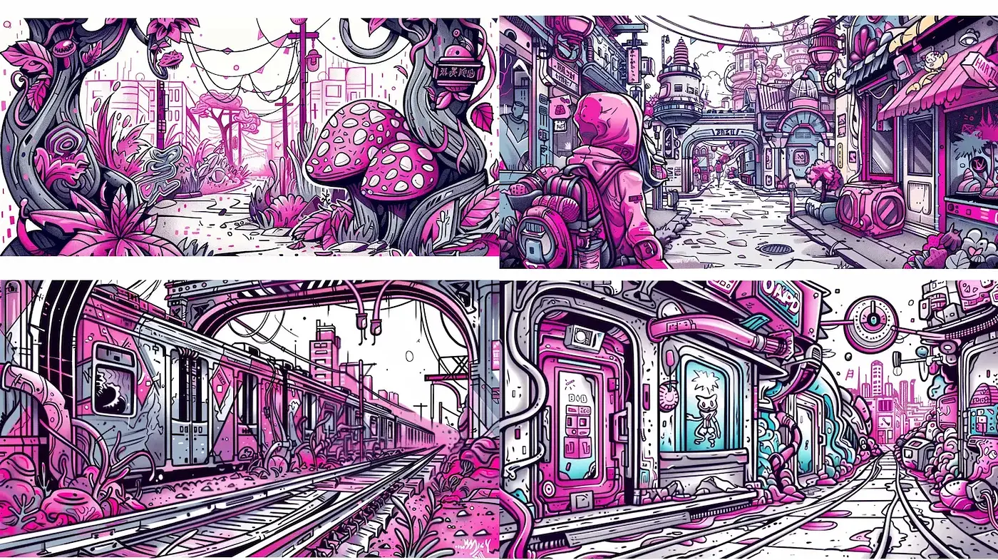 Intricate and Vibrant Sci-Fi Cityscape with Retro Influences - Midjourney sref style
