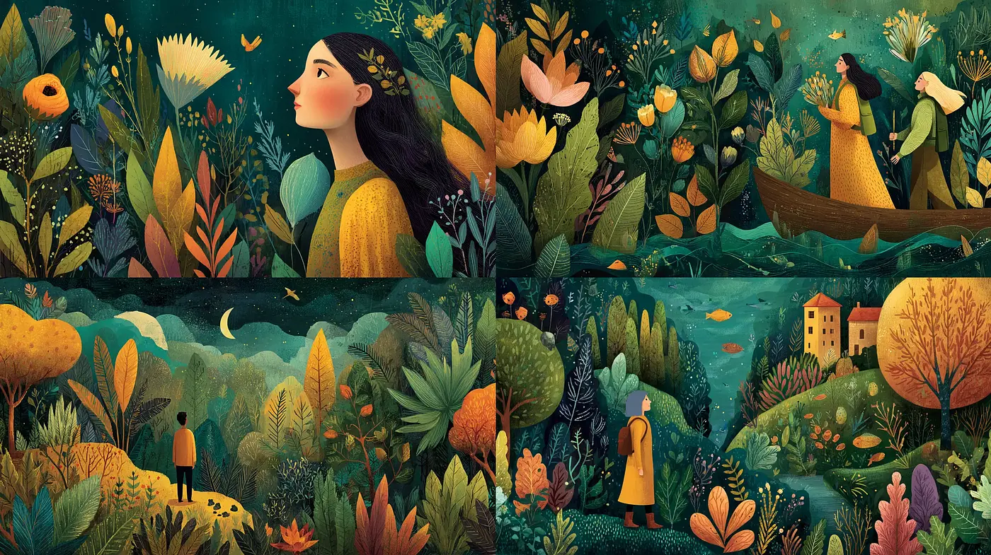 Whimsical Illustrative Style with Nature Themes - Midjourney sref style