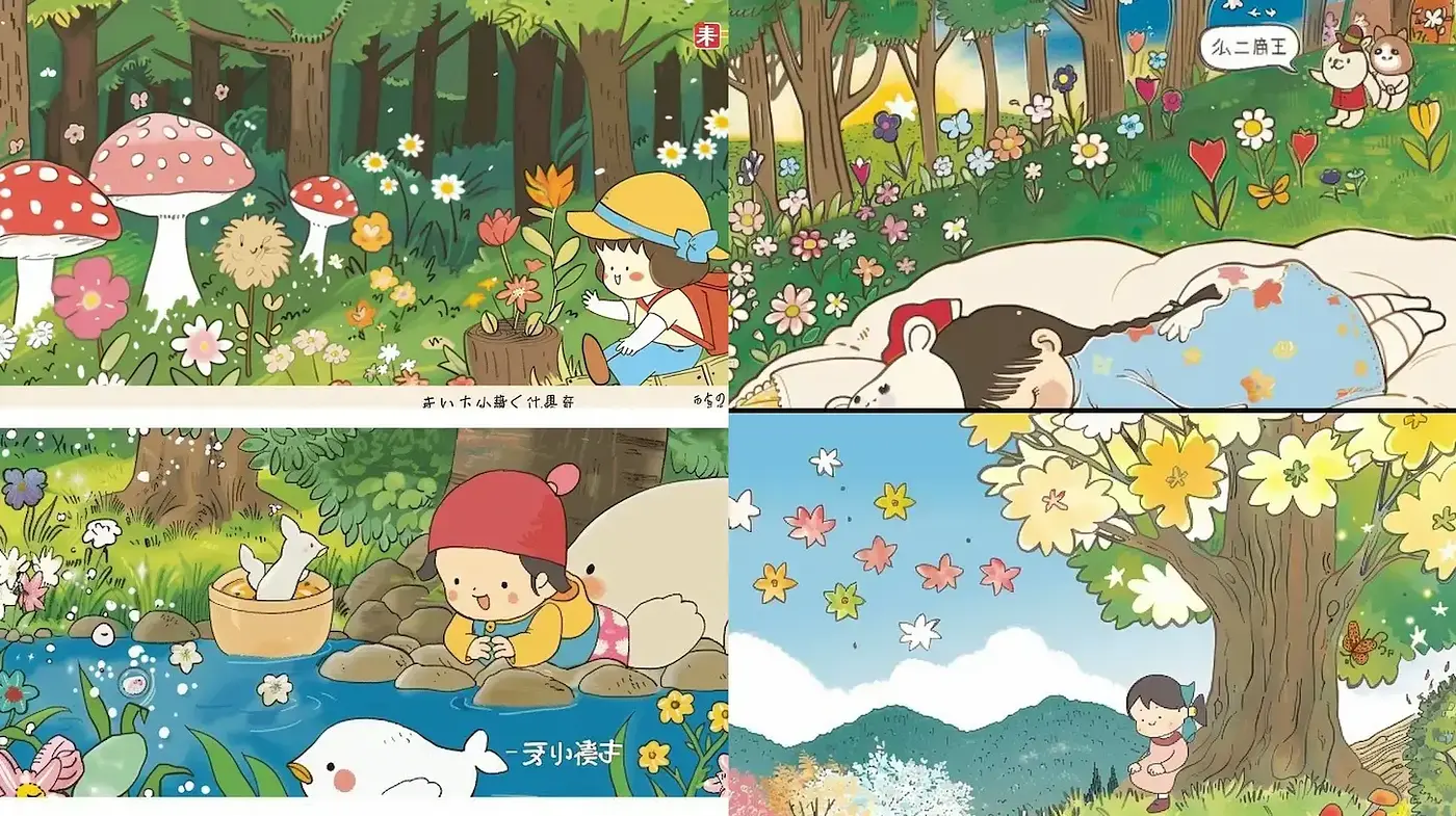 Charming and Whimsical Illustrations in Playful Natural Landscapes - Midjourney sref style