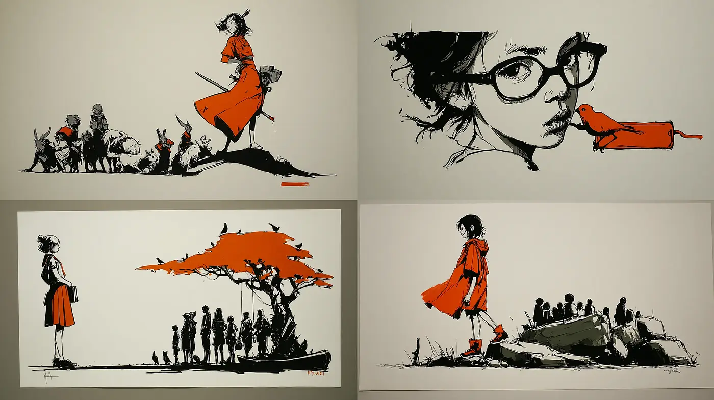 Expressive and Dynamic Illustrations with Bold Color Accents - Midjourney sref style