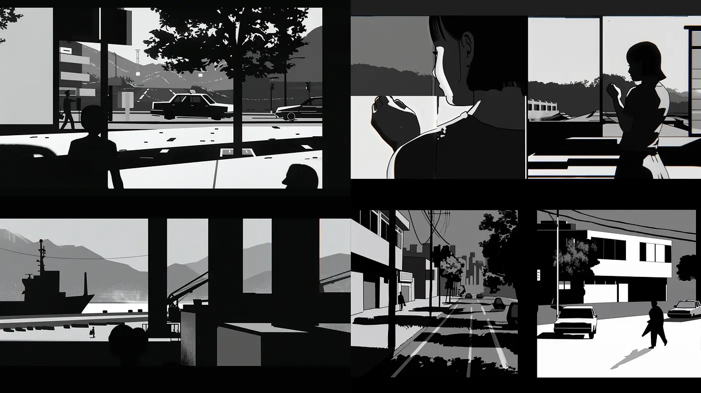 Monochromatic Silhouette and High Contrast Vignettes - Midjourney sref style