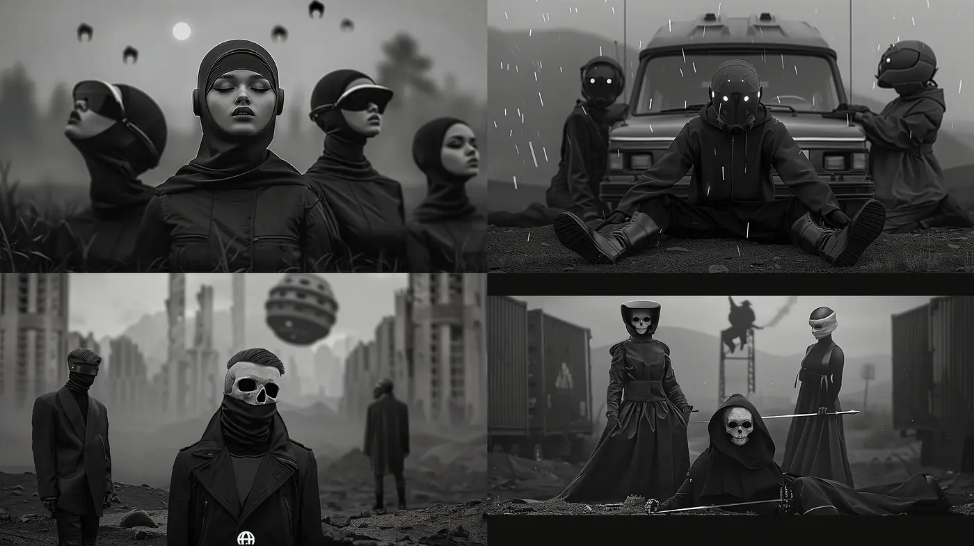 Monochromatic Melancholia: A Harmonious Intersection of Surrealism and Dystopian Realities - Midjourney sref style