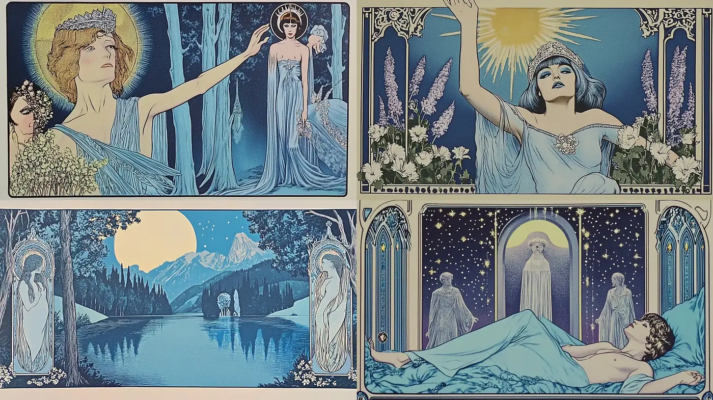 Ethereal Art Nouveau Reverie in Celestial Blues - Midjourney sref style