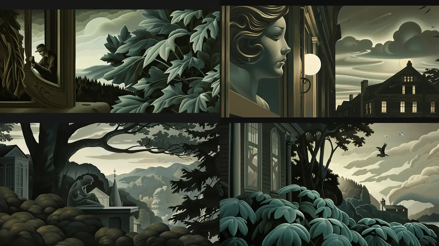 Monochromatic Twilight: A Nostalgic Journey Through Stylized Landscapes - Midjourney sref style