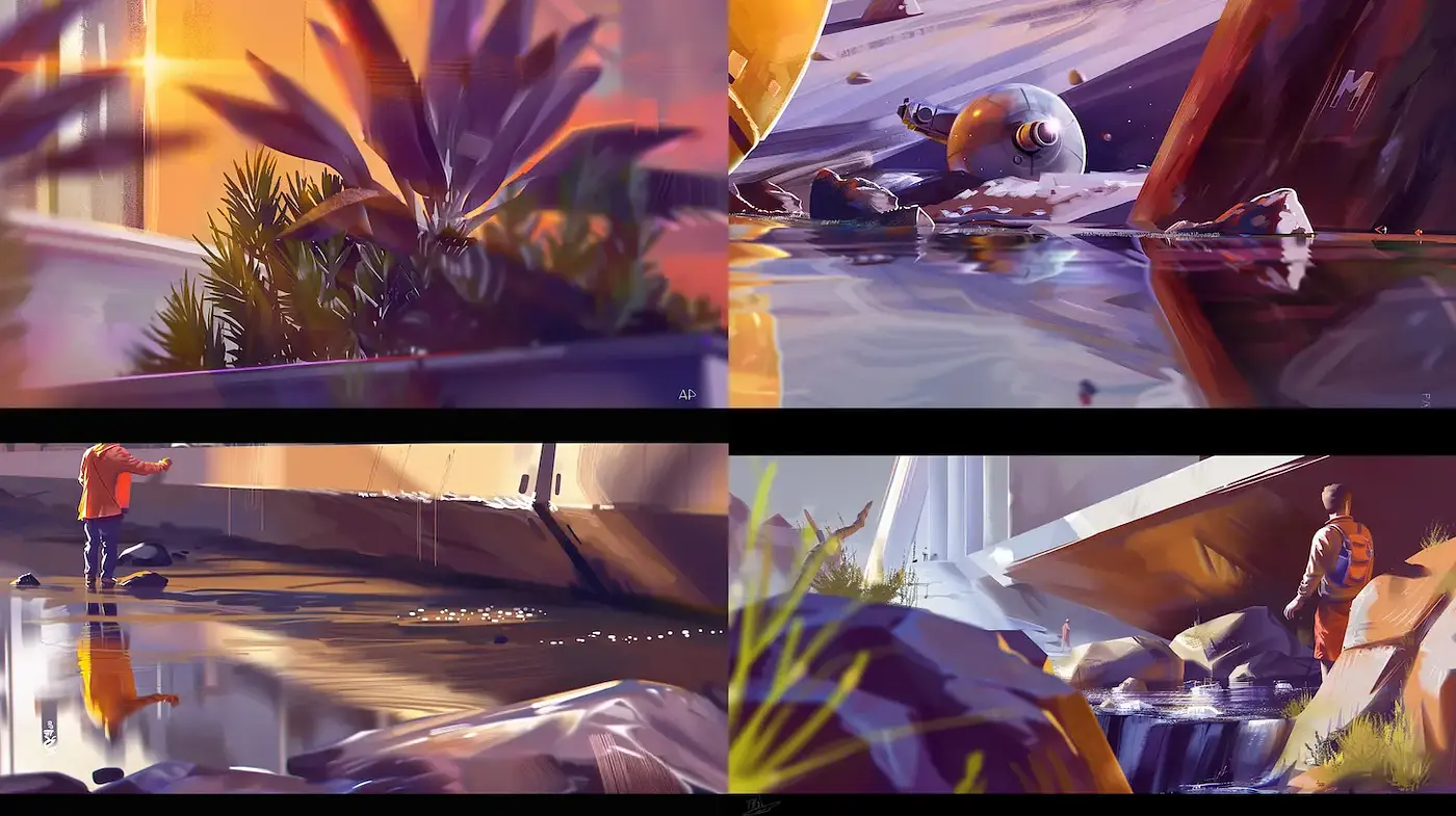 Dynamic and Vivid Digital Landscapes with Reflective Elements - Midjourney sref style