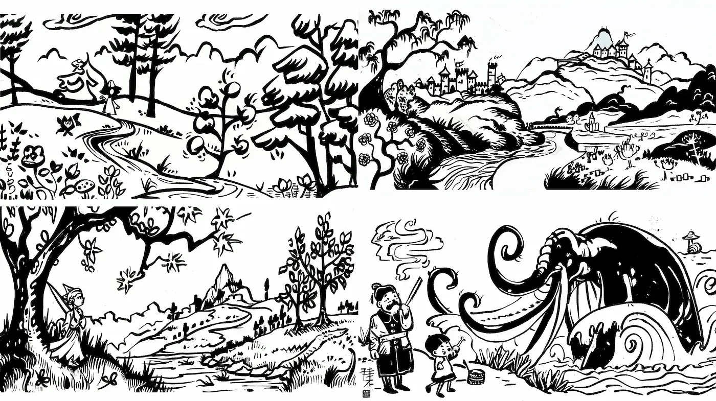 Whimsical Black and White Landscapes with Storybook Quality - Midjourney sref style