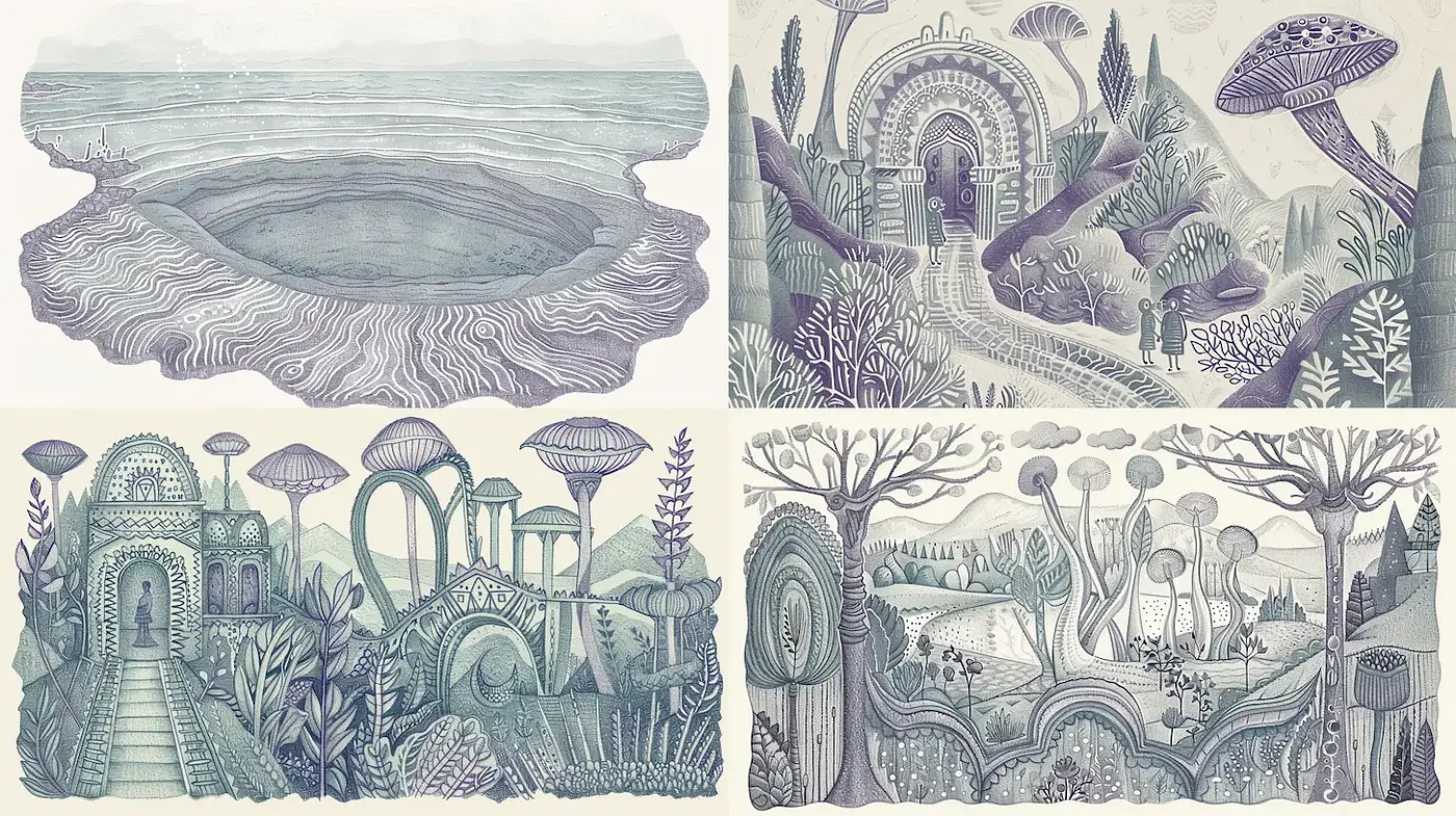 Whimsical Landscape Illustrations with Consistent Ethereal Quality - Midjourney sref style