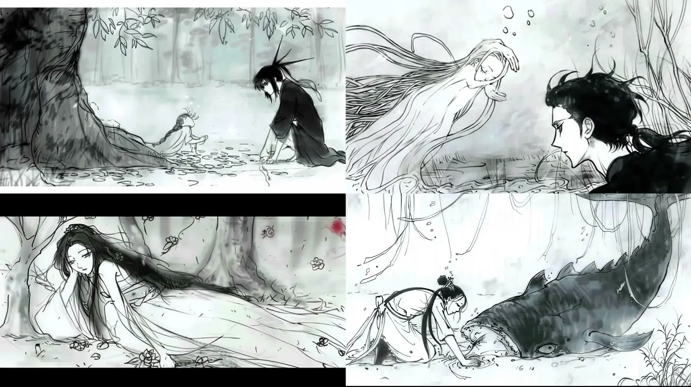 Ethereal Monochrome Brushwork: A Fusion of East Asian Ink Wash Techniques and Contemporary Illustration - Midjourney sref style